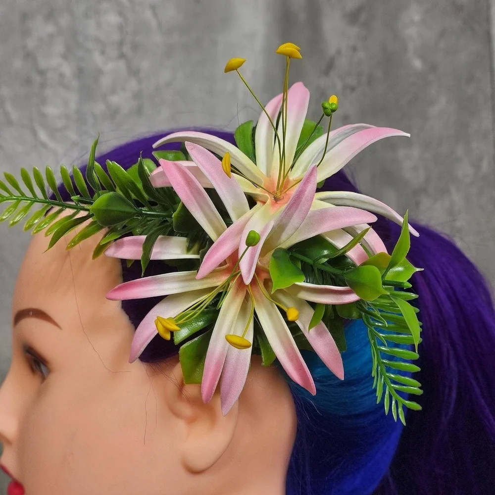 Handmade‎ Pink White Lily Hair Flower Clip Tiki Rockabilly Pinup Hawaiian